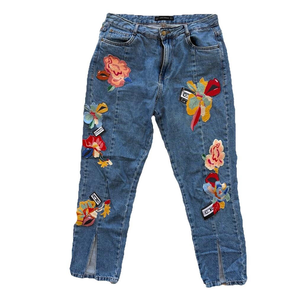 Zara Trafaluc Cassette Tapes Flowers Jeans Patch Denim wear Size 8 FLAW